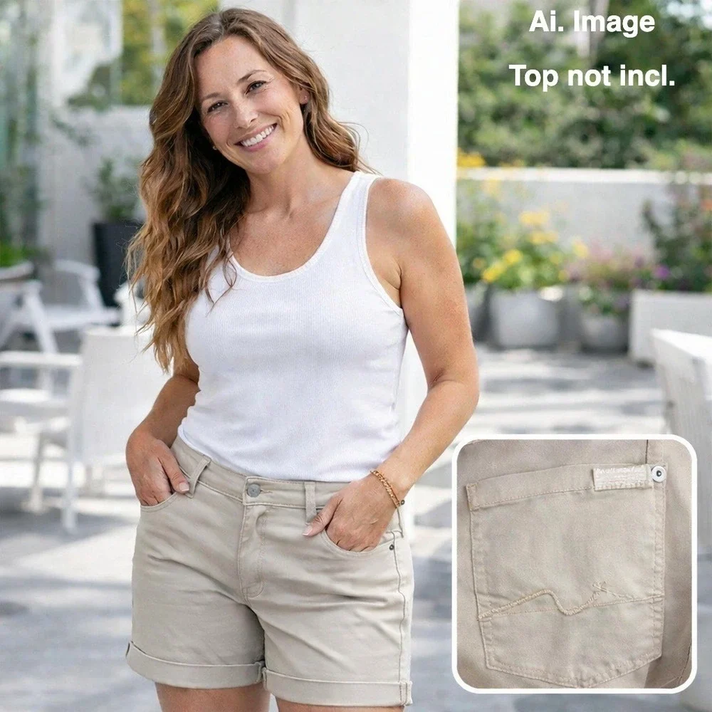 7 For All Mankind Women 27 Long Roll Up Shorts Beige NWT USA Neutral, Minimalist